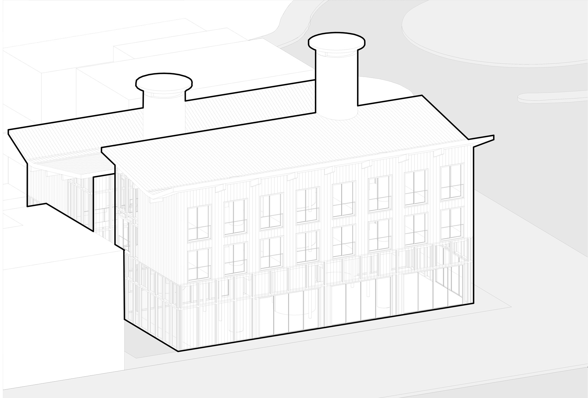 Axonometrie de projet d'un centre de recherche et de logements à dunkerque