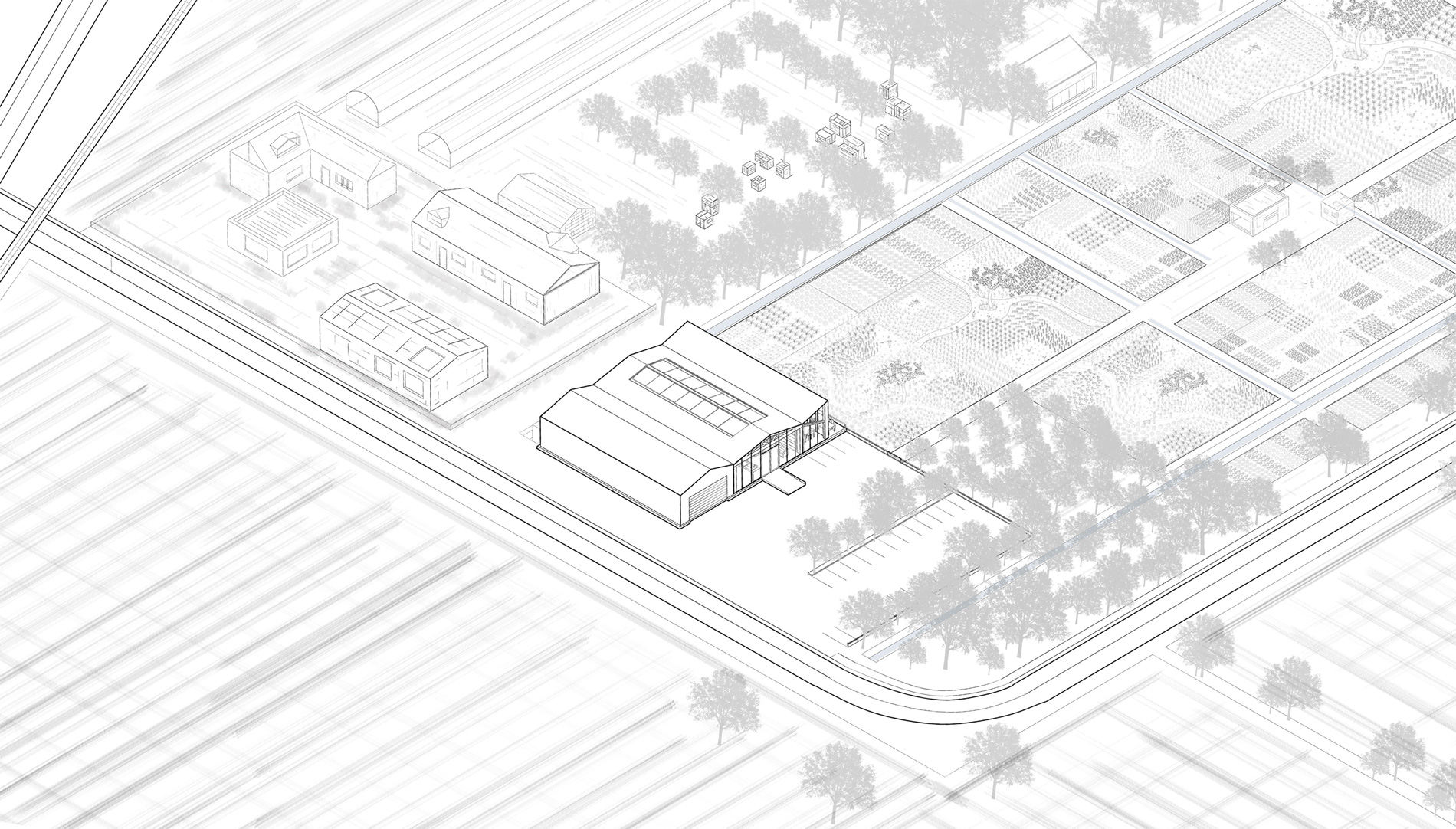 Axonometrie projet d'une ferme urbaine entre Coudekerque Branche et Téteghem