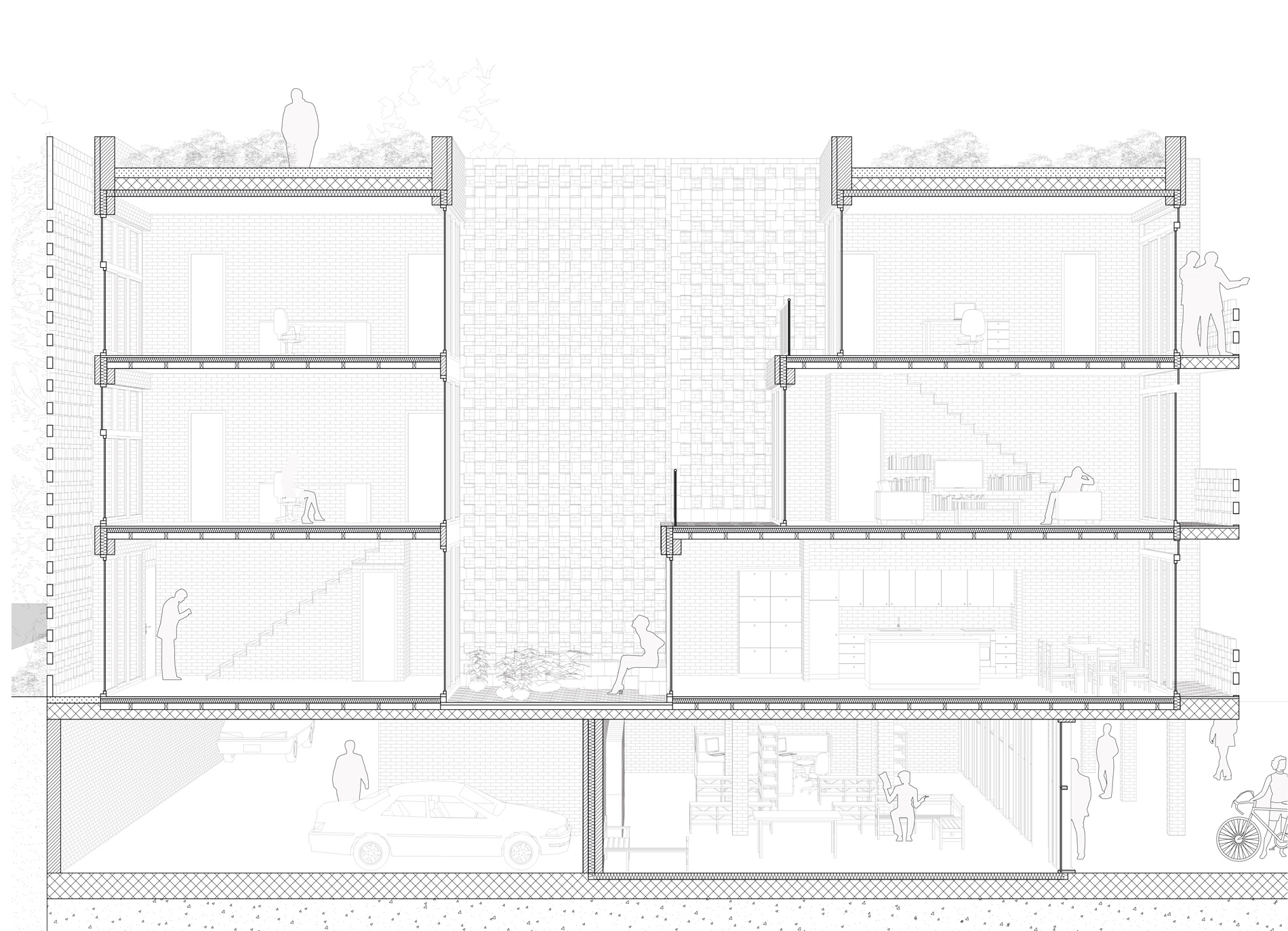 Coupe perspective d'un projet de logements et parc Dunkerque